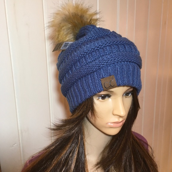 NEW DENIM BLUE POM POM BEANIE - Picture 4 of 5